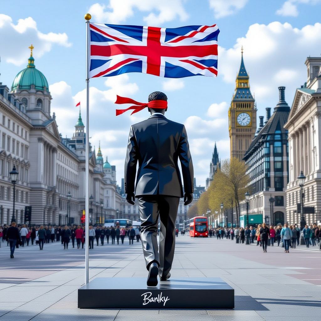Banksy's new sculpture shows figure walking away under a blindfold of national pride