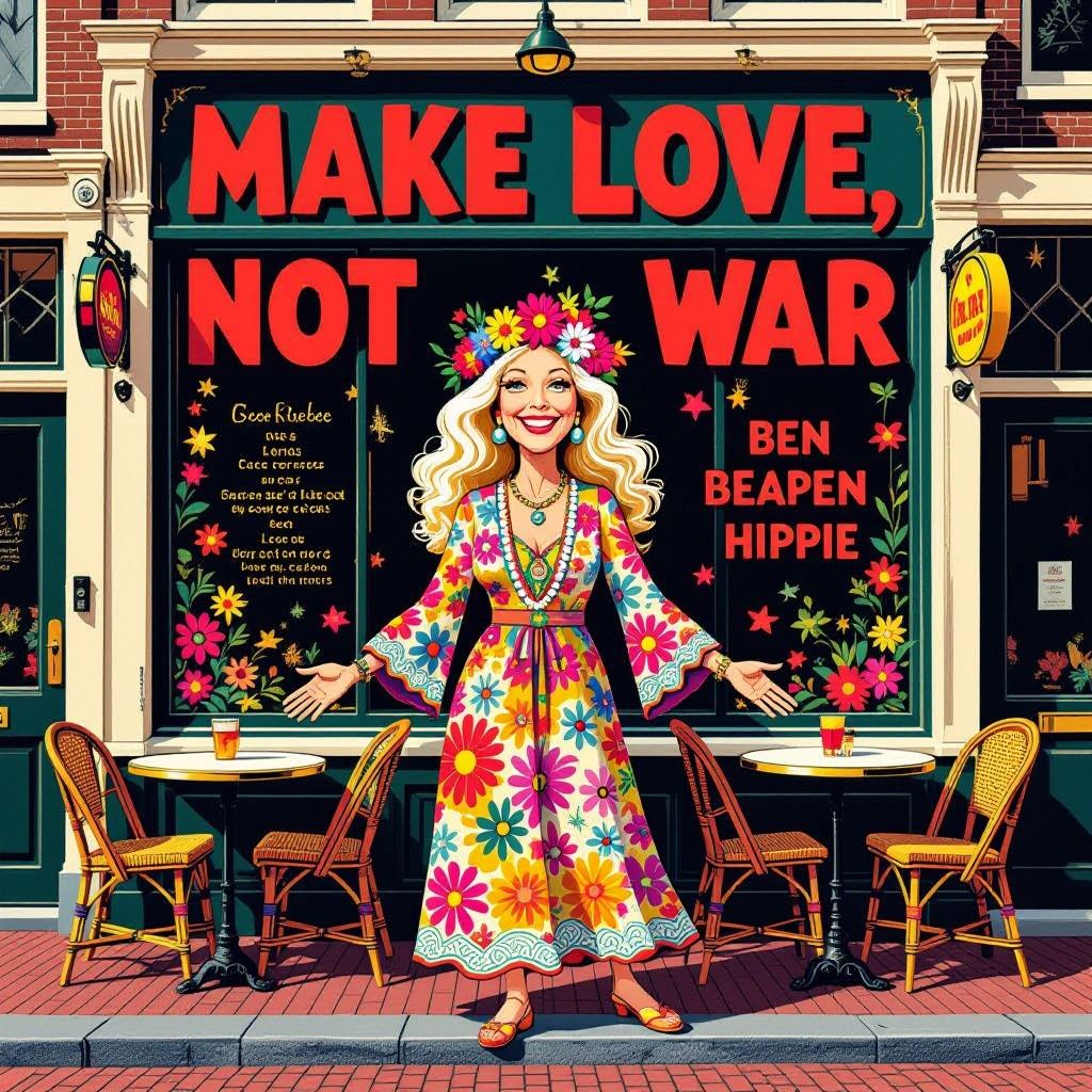 ex-koningin beatrix als hippie op amsterdams café