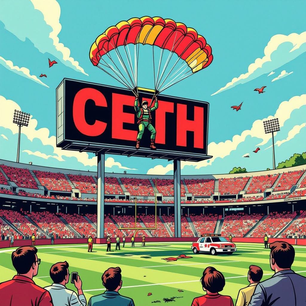 parachutist belandt op scorebord tijdens luchtshow bij voetbalstadion