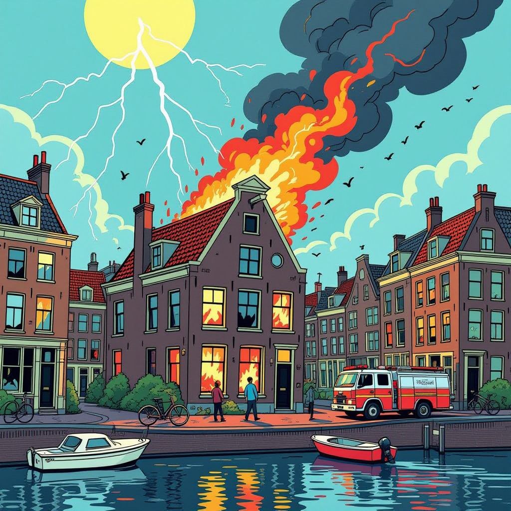 blikseminslag zet dakwoning in de pijp in brand