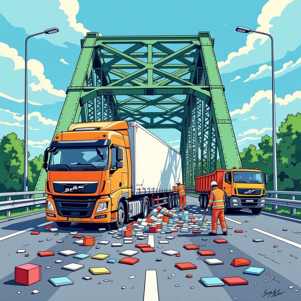 vrachtwagen crasht tegen brug bij abbenes: weg bezaaid met lijmpoeder en tegels