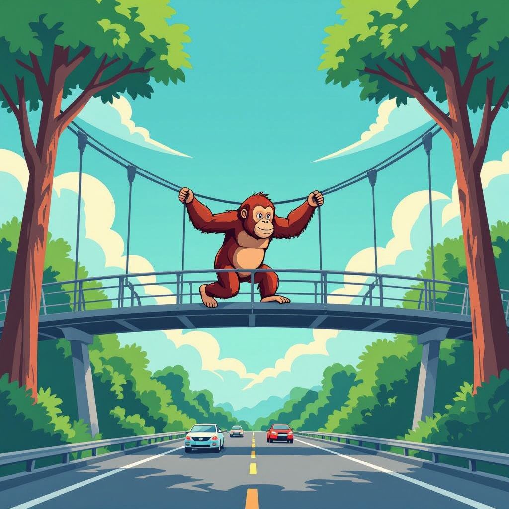een jonge orang-oetan durft als eerste de kruinbrug te nemen