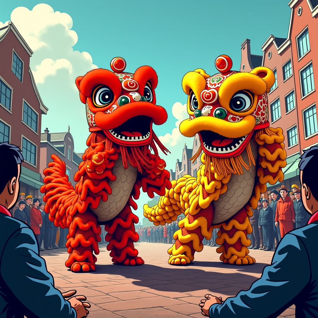 Amsterdam viert het Jaar van het Paard met een explosieve leeuwendans op de Zeedijk