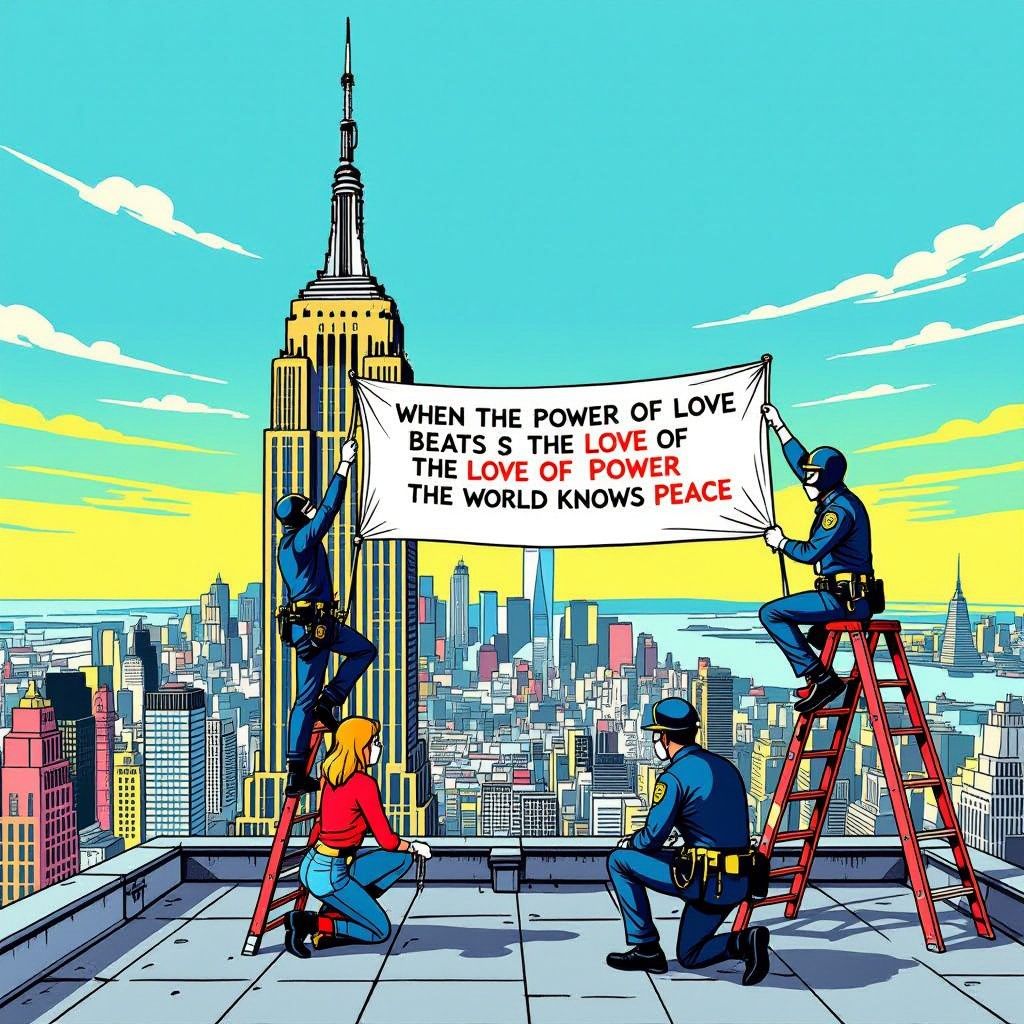 beklimmers ontvouwen vredesbanner en lijken te verloven op de top van empire state building